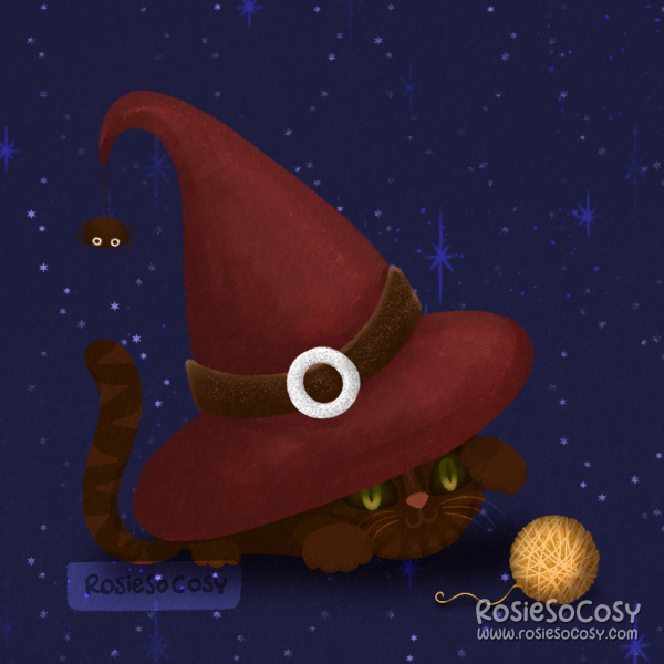 An illustration of a massive red witch's hat with a (very dark brown) black kitty cat underneath, playing with a golden ball of wool.