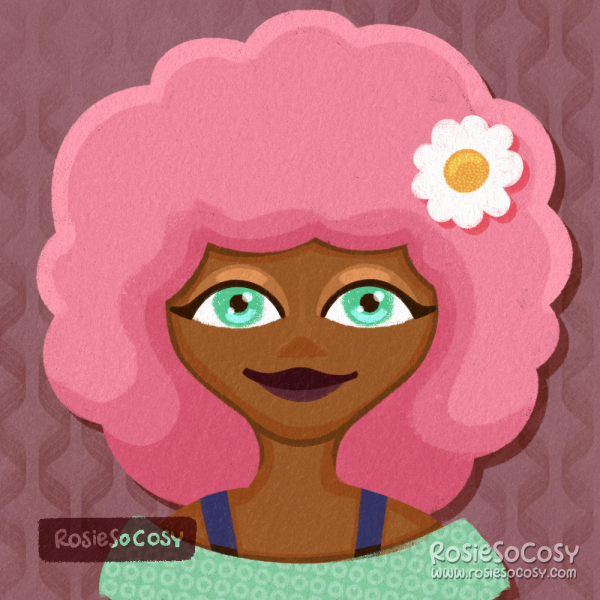 An illustration of a young woman with medium to dark skin, candyfloss pink afro hair and very light mint coloured eyes, and dark brown lips. She is wearing a single daisy in her hair, and a light mint coloured top.