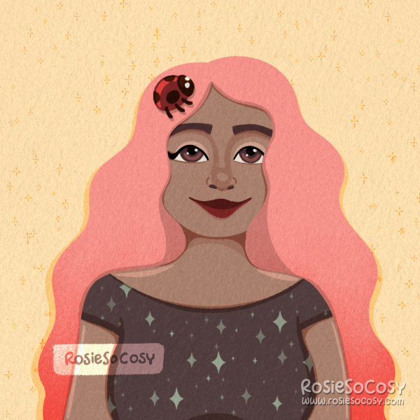 An illustration of a young woman with a muted medium skin and light pink long wavy hair. She has a sweet expression and dark brown eyes. There is a ladybug in her hair, and she is wearing a sparkly dark brown top.