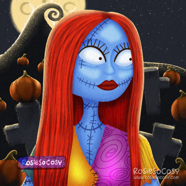 An illustration of Sally from The Nightmare Before Christmas. Here, Sally has a blue skin colour, very bright red hair and red lips, big almond shaped eyes and she is wearing a yellow and purple dress, stitched together. In the background you can see the Spiral Hill, a huge moon and a graveyard with orange pumpkins scattered all around.