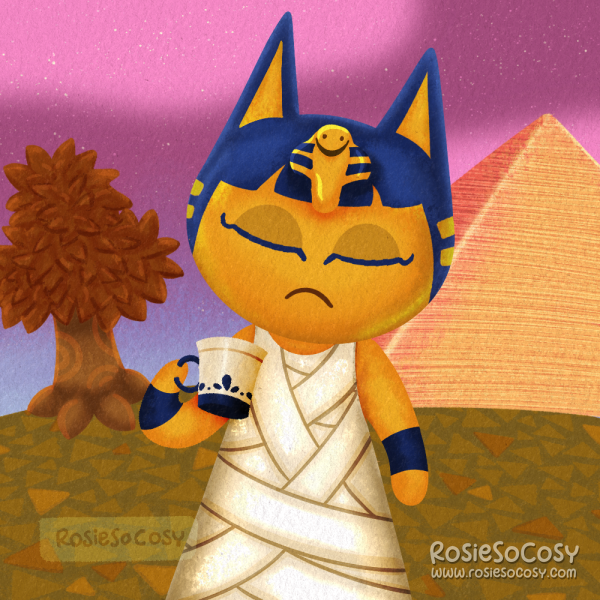 An illustration of the Animal Crossing character Ankha. Ankha is a yellow Egyptian cat villager, with dark blue details. She wears a mummy outfit/dress, and is holding a tea cup. Behind her are a reddish fall tree, and a pyramid, as well as a pink and purple sunset background.