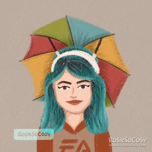 Illustration of Rosie with seafoam hair, wearing a beige and reddish brown EA hoodie, and a colourful umbrella on her head.