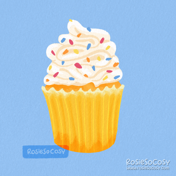 An illustration of a vanilla cupcake, with vanilla buttercream and colourful sprinkles