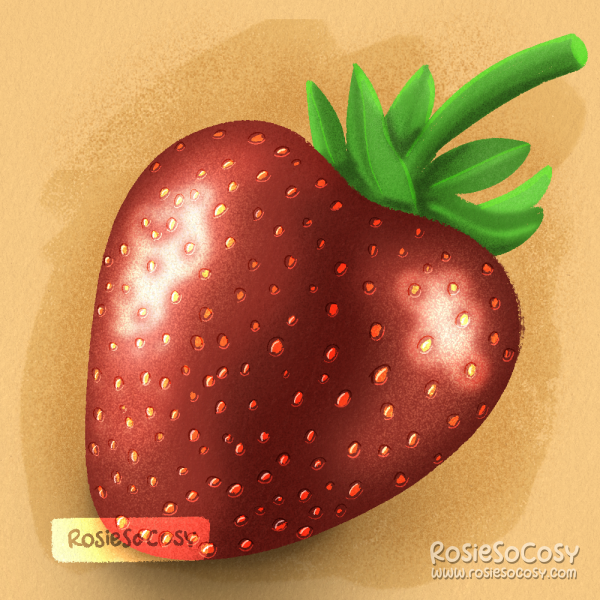An illustration of a red, shiny strawberry.