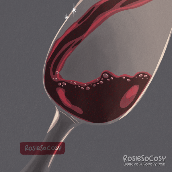 An illustration of a wine glass with red wine being poured in.