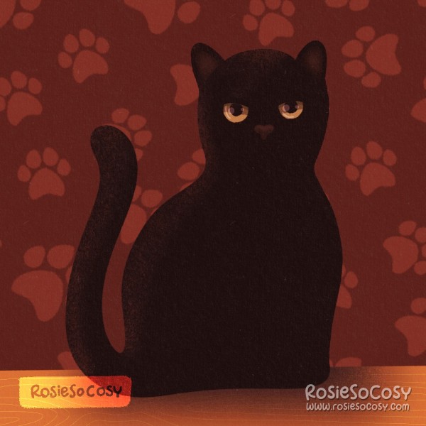 An illustration of Salem, a black female cat with yellow eyes, on a wooden table, with a red paws wallpaper in the background.