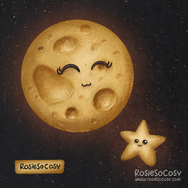 An illustration of a yellow moon made of cheese. The moon is smiling happily at a little star nearby.