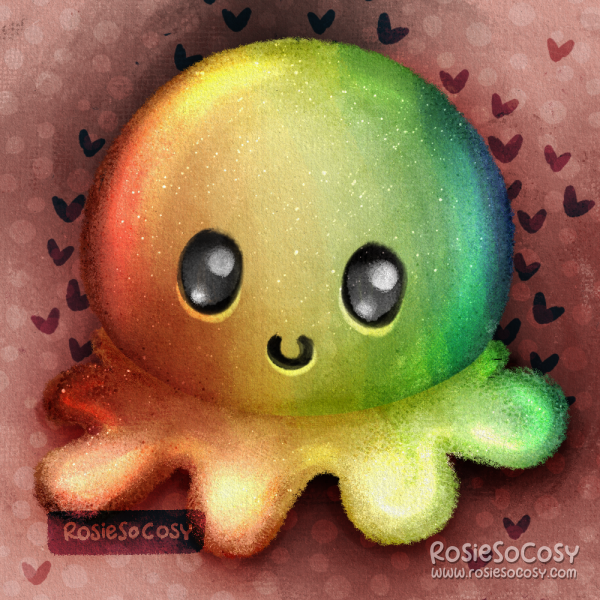 An illustration of a fuzzy rainbow plush octopus. It has big shiny black eyes and a pink background with dots and hearts.