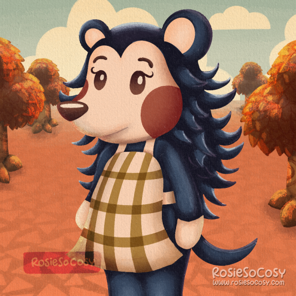 An illustration of Mabel, a blue hedgehog character in the Animal Crossing video game series. Mabel is standing outside. It’s autumn, there are red hardwood trees on the island. The sky is a soft blue colour and there are cream coloured clouds in the sky. 