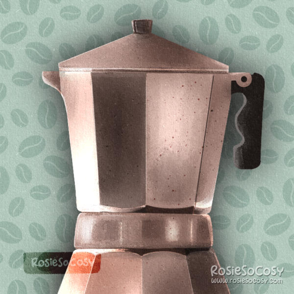 An illustration of a metallic, silver coloured percolator aka moka, which is used to brew coffee. The background is seafoam and shows a coffee bean pattern.