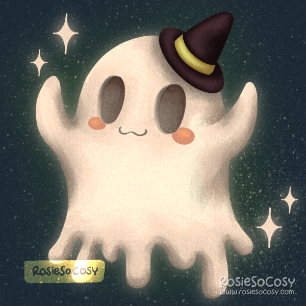 An illustration of a cute little floating ghost. Its eyes are hollow. Ghostie is wearing a black witch’s hat with a green ribbon. Around ghostie are sparkles.