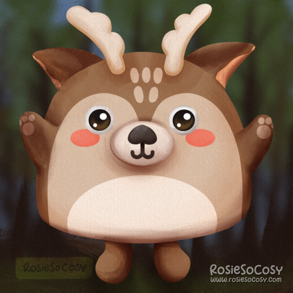 Illustration of a Squishmallow like cute deer, with the forest in the background.