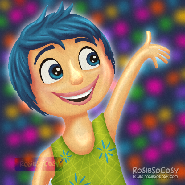 Illustration of Joy from Inside Out. She has a yellowish light skin tone, blue eyes and a blue teal short pixie haircut. She is wearing a lime green dress with light green lines and blue starry florals all over. Joy is waving at someone. In the blurry background you can see memory orbs of all kinds of colours.