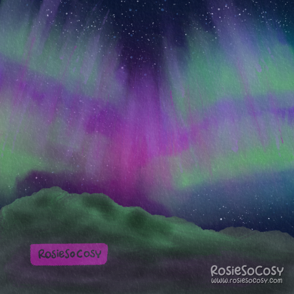 Illustration of the Northern Lights aka Aurora Borealis. There is a pinkish and purplish hue in the middle, and strands of green in between. Stars are visible in the sky above.