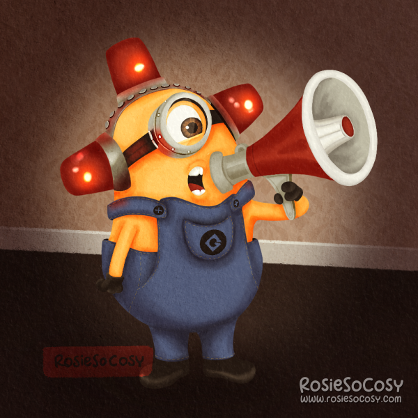An illustration of a minion with one eye, wearing the typical blue jeans dungarees/overalls and on its head three flashing red lights, holding a megaphone, presumably shouting BEE DOO BEE DOO.