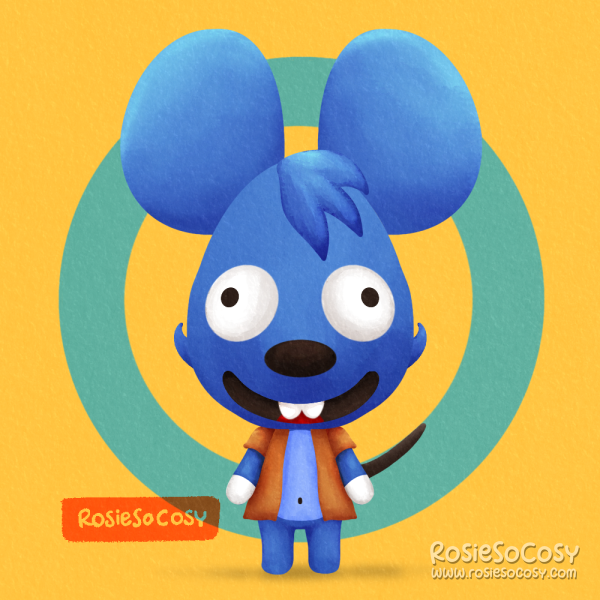 An illustration of the blue Itchy mouse character from The Simpsons, but in Animal Crossing style.