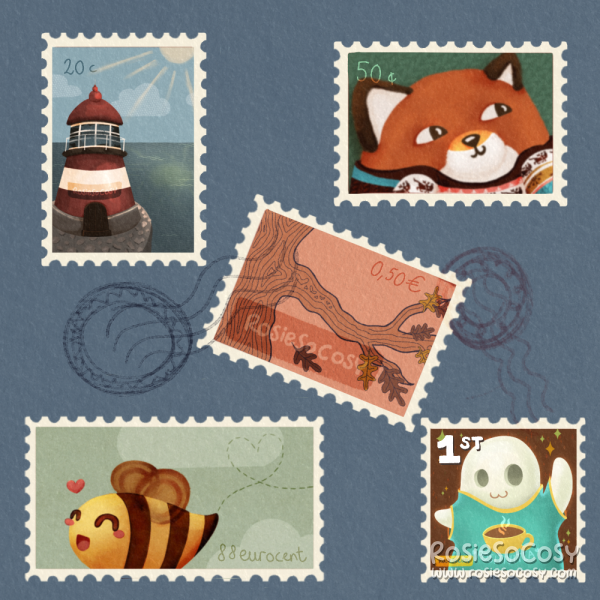 Illustration of 5 postal stamps with each featuring part of a previous illustration from Rosie. From left to right, top to bottom; a lighthouse, a chonky orange fox, a tree on a pink background, a bumblebee, a ghost wearing a t-shirt with tea on it.