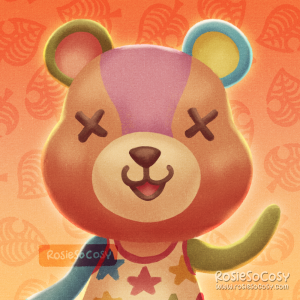 Illustration of Stitches from Animal Crossing. Stitches is a lazy bear cub. He's mostly orange, but has pink on his face as well. He has green and blue ears and arms, his eyes are stitched, hence the name, and he wears a tank top with stars in various colours.