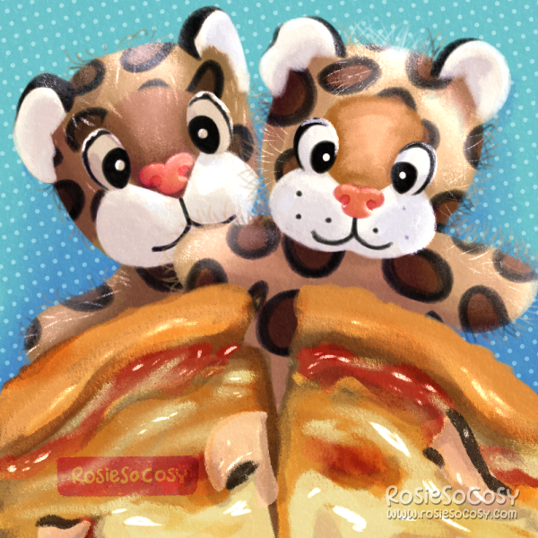 Illustration of Junior and Juniorientje, sharing a pizza together.