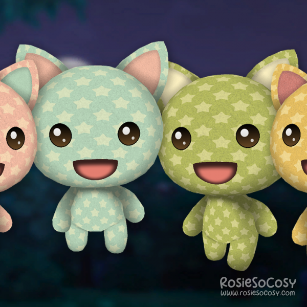RosieSoCosy Stars Skin Pack for Cats - 4 cat skins for Garden Paws. From left to right: A pink cat with a starry pattern. The inside of the ears are blue. The second cat has a light blue starry pattern, and the inside of the ears are light pink. The third cat has a green starry pattern and the inside of the ears are yellow. The fourth cat is yellow with a starry pattern all over, and has darker pink on the inside of the ears.