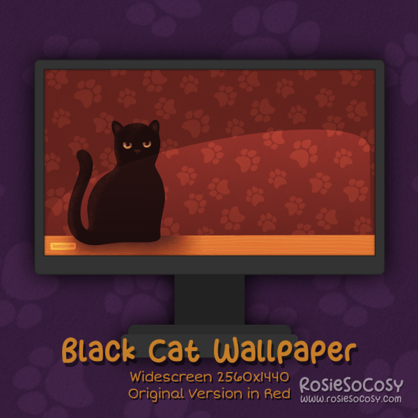 "Salem" Black Cat. Widescreen Wallpaper (2560x1440). Original Version. Red Background. Created by RosieSoCosy aka Rosana Kooymans 