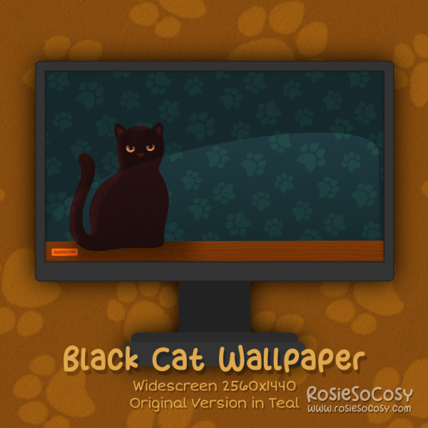 "Salem" Black Cat. Widescreen Wallpaper (2560x1440). Original Version. Teal Background. Created by RosieSoCosy aka Rosana Kooymans 