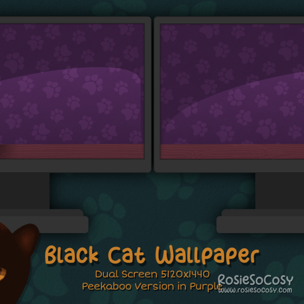 "Salem" Peekaboo Black Cat. Dual Screen Wallpaper (5120x1440). Peekaboo Version. Purple Background. Created by RosieSoCosy aka Rosana Kooymans 