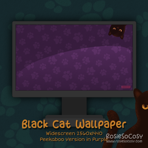 "Salem" Peekaboo Black Cat. Widescreen Wallpaper (2560x1440). Peekaboo Version. Purple Background. Created by RosieSoCosy aka Rosana Kooymans 