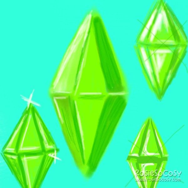 There are 4 bright green plumbobs. One big plumbob, two medium plumbobs and a slightly smaller one. The background is an aqua colour.