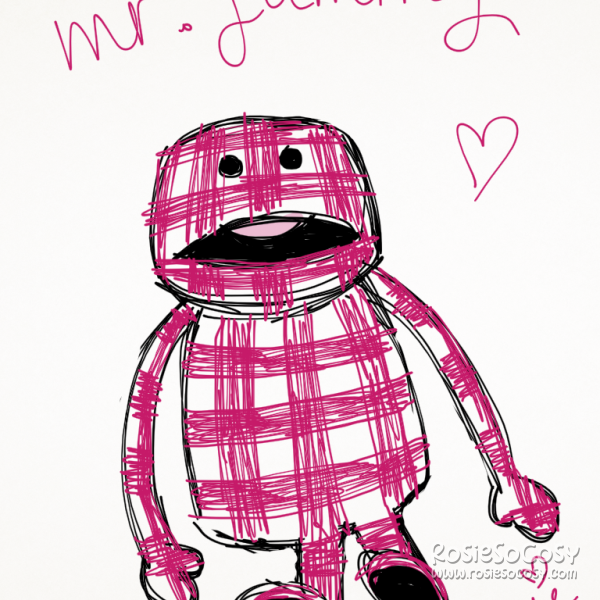 This is a quick sketch of Mr Jummy, a character from the Sultana commercials back in 2008. Mr Jummy has a red and white checkered pattern all over, a wide black mouth with a pink tongue sticking out, and two beady black eyes. His shape is somewhat similar to Flat Eric from the Levi's commercials. Mr. Jummy is sitting in this artwork, and has the text Mr. Jummy above it, as well as a red heart next to him.