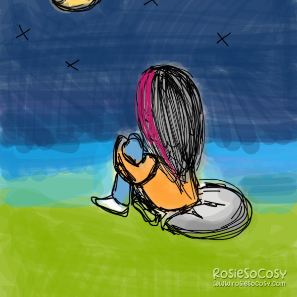 A girl with black hair and pink streaks in her hair is sitting on a grey pillow. She is wearing an orange sweater, blue jeans and white socks. It's nighttime and the moon is up in the sky. She's looking up at the moon. The sky is dark blue and the ground is grass green.