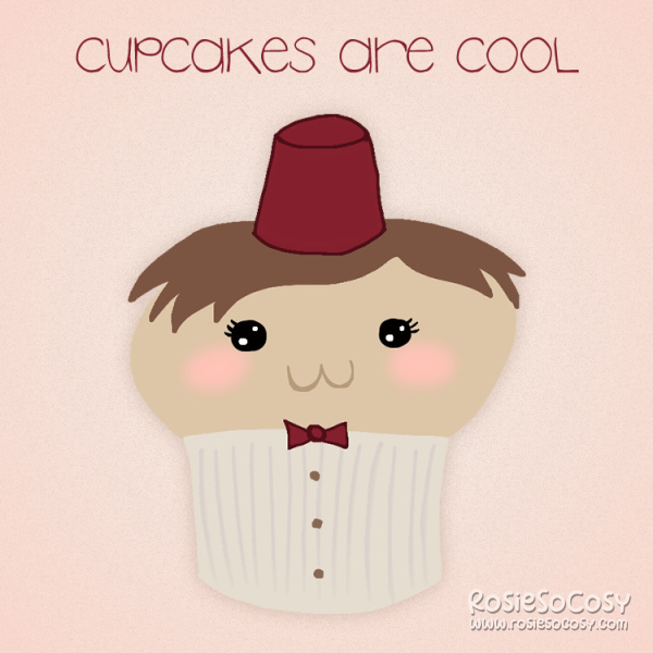 The 11th Doctor from Doctor Who as a cupcake. He has a little bow tie on the side, a big red fez on his head and cute beady eyes with lashes, cute pink cheeks and a kawaii mouth. Underneath the fez is his brown hair. The background is a soft pink and above it all it says Cupcakes Are Cool in red.