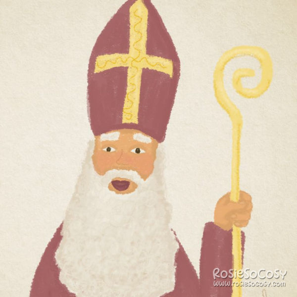 It's Sinterklaas or Sint-Nicolaas. He is depicted as an elderly, stately and serious man with white hair and a long, full beard. He wears a long red cape over a traditional white bishop's alb, dons a red mitre and ruby ring, and holds a gold-coloured crosier, a long ceremonial shepherd's staff with a fancy curled top.