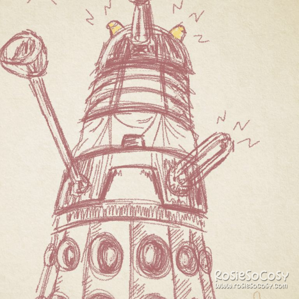 A sketch of a Dalek shouting "To Victory!" - The Dalek is drawn with a red pencil. The eye stalk has a blue visor and the lights on top of the Dalek are yellow.