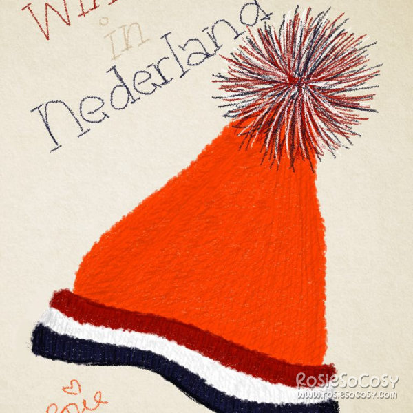 A bright orange knitted Unox winter hat, with the red, white and blue colours of the Dutch flag around it. Above it reads Winter in The Netherlands.