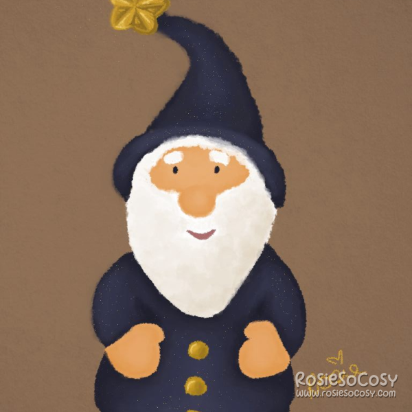 A gnome like figurine with a dark blue, glittery outfit. He is wearing a big robe and a matching pointy hat. The hat is slightly bending to the left. At the end of the hat is a big golden star. The robe has three big golden buttons. The gnome has an orangy skin tone, black tiny eyes, a friendly smile and a big, fluffy white beard.