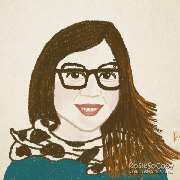 It's a self portrait of Rosie. Rosie has dark brown hair, with some lighter/reddish brown highlights and ends. Rosie is wearing black frame Ray-Ban glasses, and an eyebrow piercing on her left eyebrow. Her skin is the same colour as the background, which is a creamy beige. Her eyes are brown and friendly. Rosie has a wide nose and pink full lips. She is smiling with her lips slightly parted, so you can see her teeth a little. Rosie is wearing a turquoise coloured long sleeved shirt and a cow print scarf.