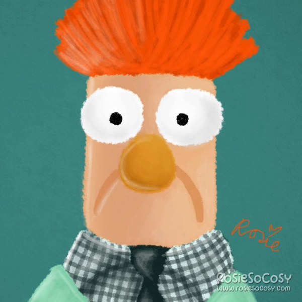 Beaker is a Muppet. He has bright orange hair, a plaid button up shirt and a lab coat. He wears a black tie. As per usual Beaker is looking alarmed with big white eyes, a big orangy nose and his mouth is closed, with the corners pointing down. The background is a teal colour.