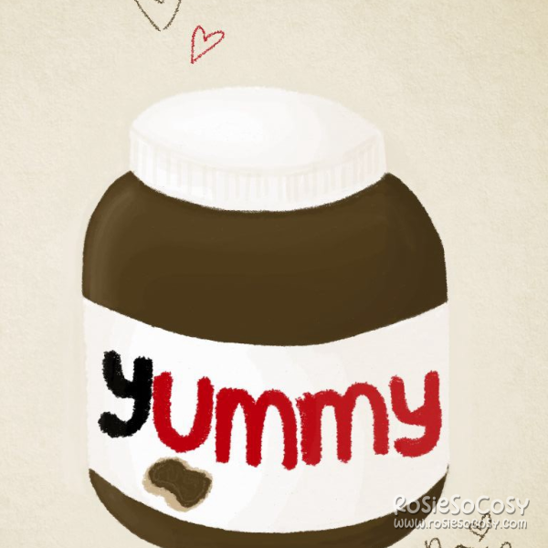 A big jar of "Yummy" chocolate paste. It is a parody on the typical Nutella jar. There's dark brown chocolate paste inside, the lid is white. The label is also white with the Y in black, and the UMMY in red. Underneath is a tiny drawing of some bread with the chocolate paste. Above the jar are two outlined hearts.
