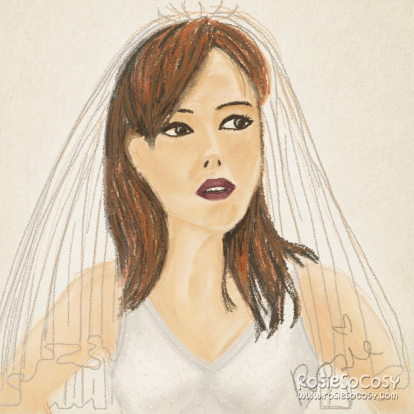 Digital drawing of Donna Noble, a character from Doctor Who. She is portrayed by Catherine Tate and she is the companion to the 10th Doctor. Donna is a ginger and has long, straight hair. She is wearing a creamy white wedding dress and veil. Her lips are tinted a reddish purple and she is looking to her left.