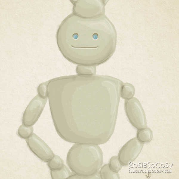 A beige/green robot seen from the hips up. The robot's hands are on its hips. The robot has a round head, with round light blue eyes. There is a round shape on top of its head, and two antennae connected to it. The arms have visible round joints and oval shaped upper and lower parts. The robot is smiling at the camera.