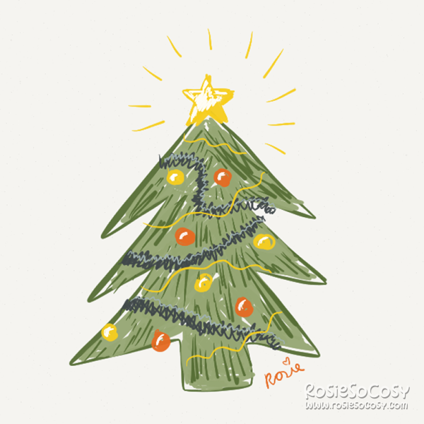 Quick drawing of a green Christmas tree with orange/red and tellow/gold Christmas baubles. There are dark blue garlands around the tree. And a yellow/golden tree topper shining brightly on top of the tree.