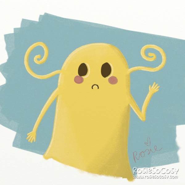 A yellow monster with two swirly antennae on each side of its head, two hollow dark brown eyes, medium pink cheeks just below the eyes. The yellow monster is waving and looking sad, with the corners of its mouth pointing down.