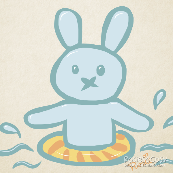 Nijntje (internationally also known as Miffy) sketch. Nijntje doesn't have her typical colours here. In this sketch she's all blue. A light blue in fact, with medium blue lines and details. The only other colours are yellow and orange, which come back in a stripey pattern on her inflatable lifeboey. Nijntje is in the water. The sketch was inspired by Nijntje bath toys of my son.