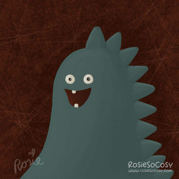 It's a slate blue/grey monster with spikes on it's back, and a really goofy grin with only two teeth, one at the top and one at the bottom. The eyes are very round, though not that big, and look a little possessed. The background is dark red. The monster looks goofy and funny, and it is.