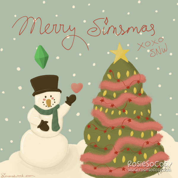 Merry Simsmas! A digital drawing of a creamy white snowman with a muted blue/green scarf, a dark brown top hat and gloves, an orange carrot for a nose and two beady eyes with a wide smile. Above the Snowman is a green plumbob, indicating the Snowman is happy. The Snowman is waving and there's a pink heart above its waving hand. Next to the Snowman is a green, tall Christmas tree. All around are pink garlands, a red starry garland and yellow plumbob lights. On top of the Christmas tree is a yelliow star.