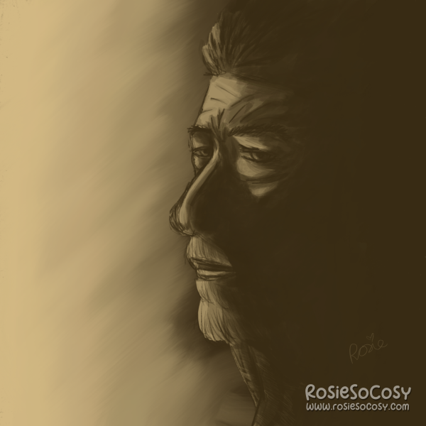 A quick drawing of John Hurt. Just two colours, a beige brown and a dark brown colour. John Hurt is looking into the distance, he has a serious expression on his face. John Hurt is portraying the War Doctor from Doctor Who.