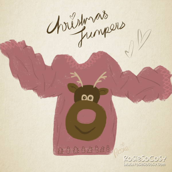 A quick drawing of a red Christmas jumper. It's a medium muted red colour. On the Christmas jumper there's an image of a reindeer. The muted red nose suggests it's Rudolph. At the very bottom of the Christmas jumper there's a line of tiny outlined Christmas trees. Above the illustration it says "Christmas Jumpers" in dark brown.