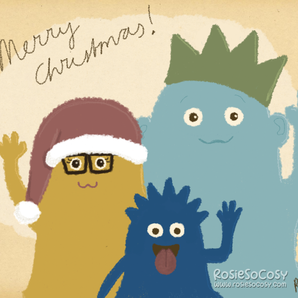 This is an illustration of a monster family. Mommy Monster is yellow, she's wearing a red santa hat and black framed glasses. Daddy Monster is light to medium blue, and is wearing a green Christmas crown. Kiddo Monster is dark blue and has spikes on top of his head. He's sticking out his tongue, unlike his parents who are smiling at the camera. All three of them are waving at the camera.