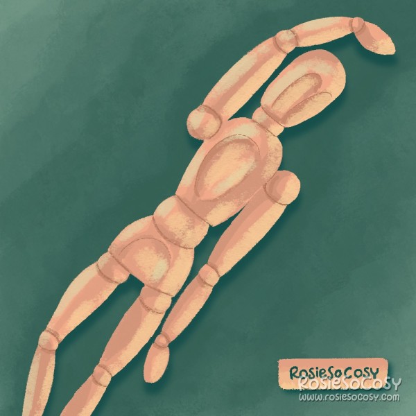 An illustration of an artist’s dummy. One arm is up, over its head. The other arm is down. The dummy is looking sideways.
